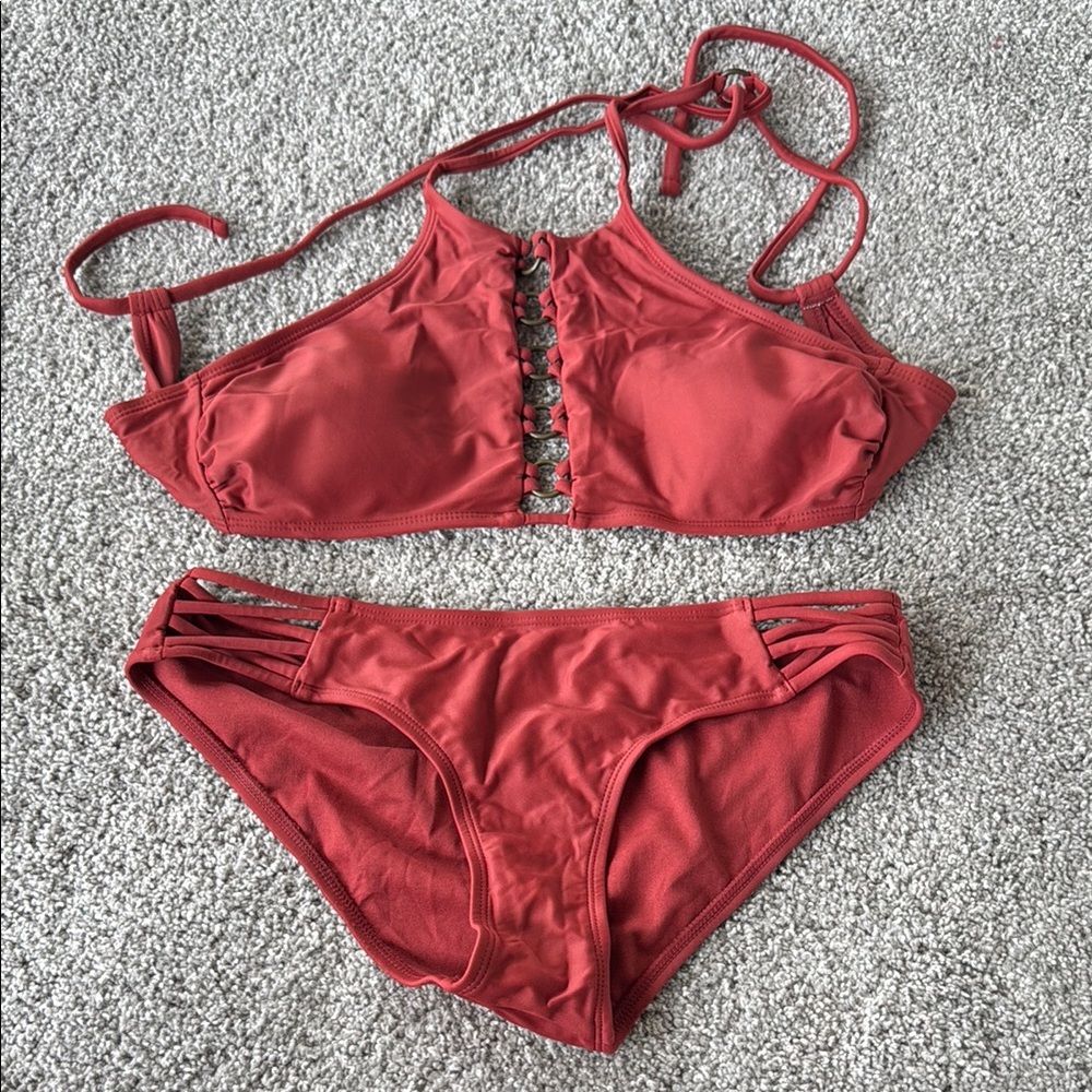 Brand New Terra Cotta High Neck Bikini with Strappy Back, Top M, Bottoms S